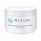 White jar of Misumi Retinol Intense Repair PM Creme on a white background