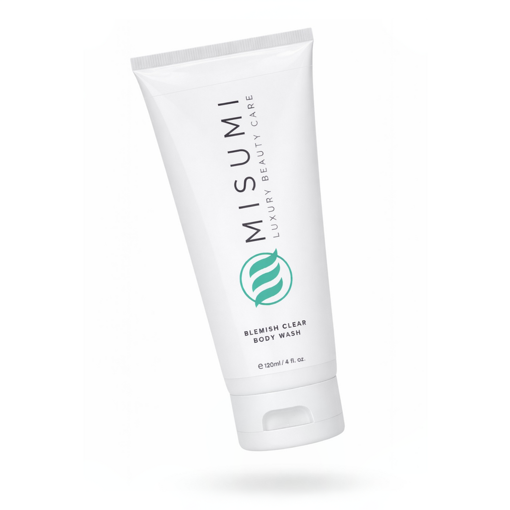 MISUMI Blemish Clear Body Wash (120ml) tube floating, emphasizing the sleek design and luxury beauty care branding.
