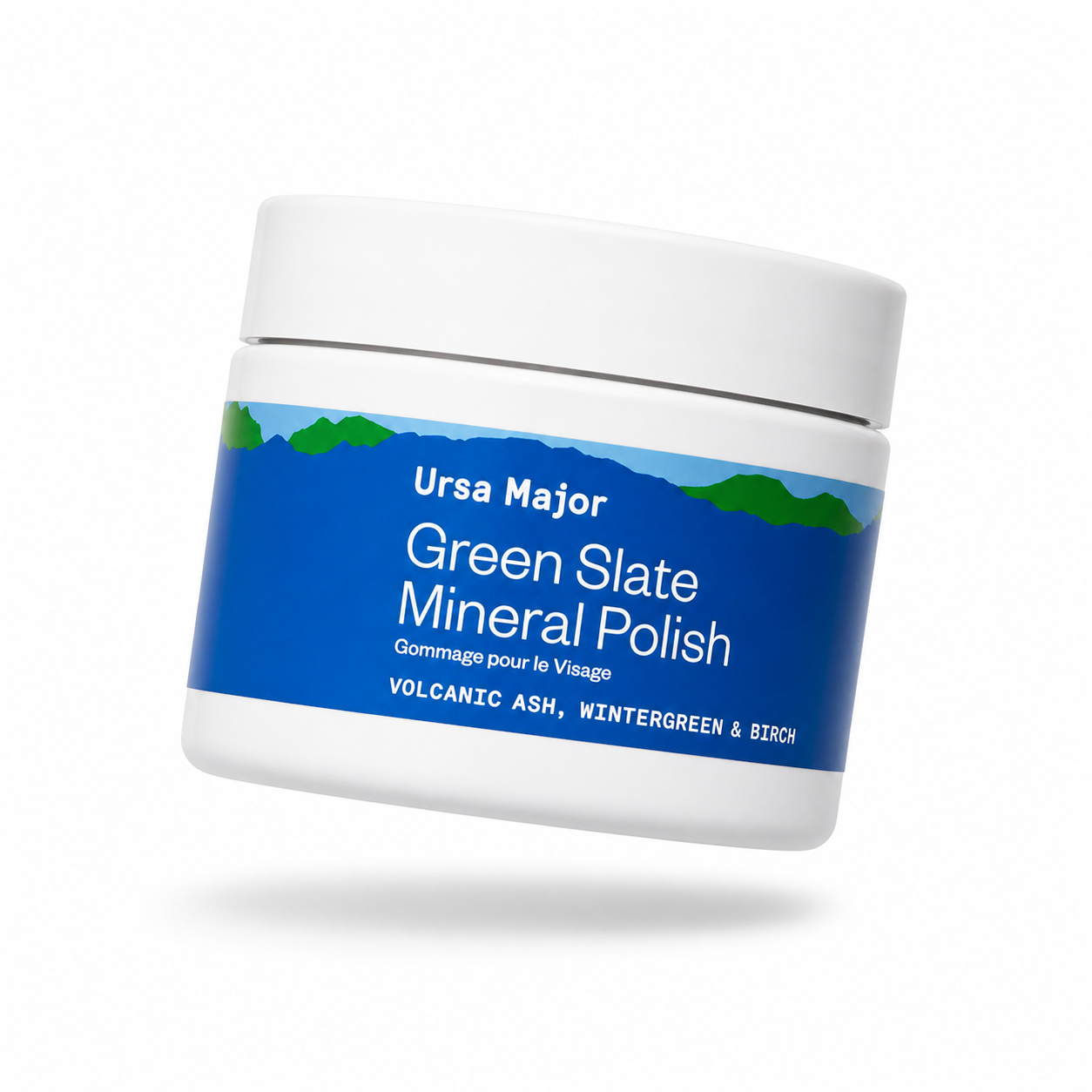 Jar of Ursa Major Green Slate Mineral Polish on a white background