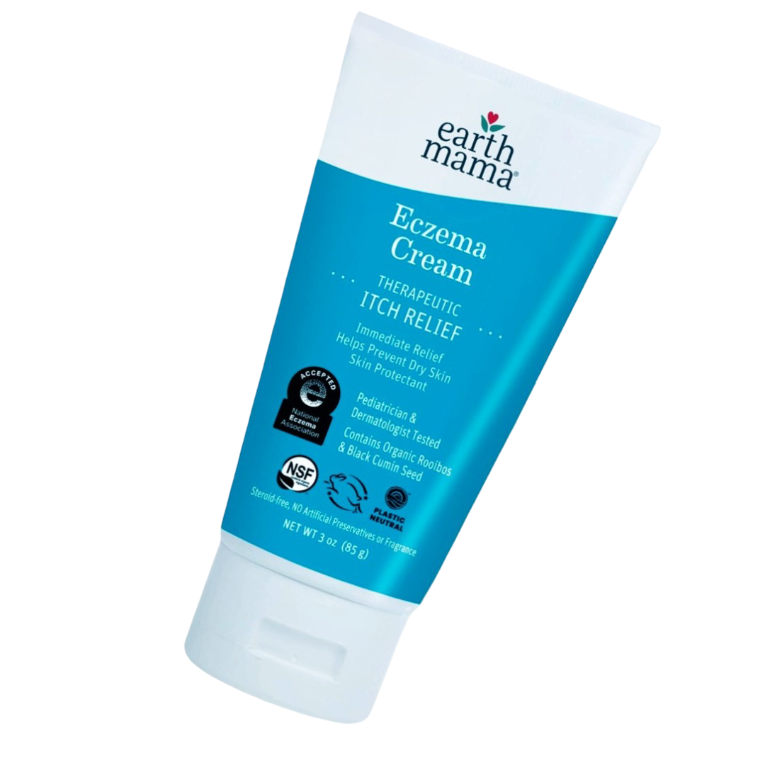 angled view earth mama eczema cream squeeze tube showing packaging and label detail