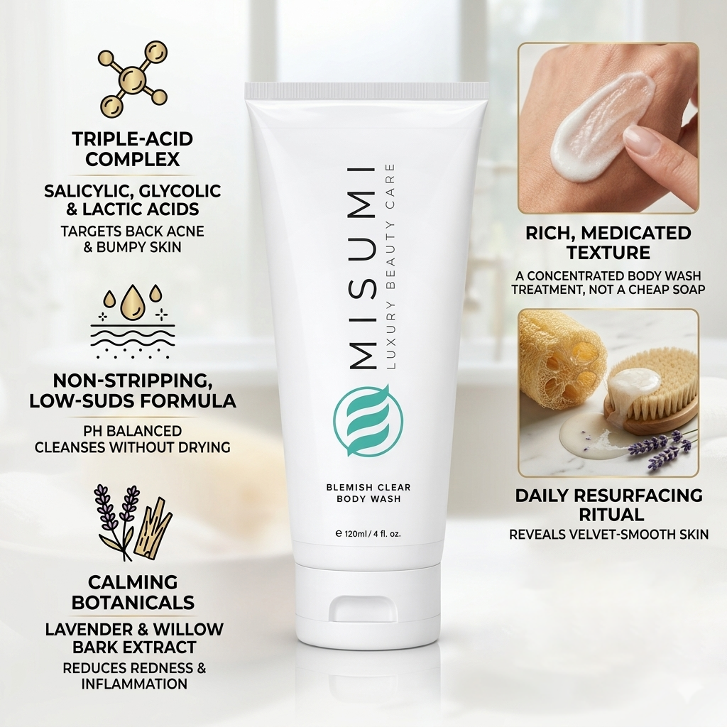 MISUMI Blemish Clear Body Wash (120ml) tube with a rich, medicated texture displayed alongside loofah and botanical ingredients.