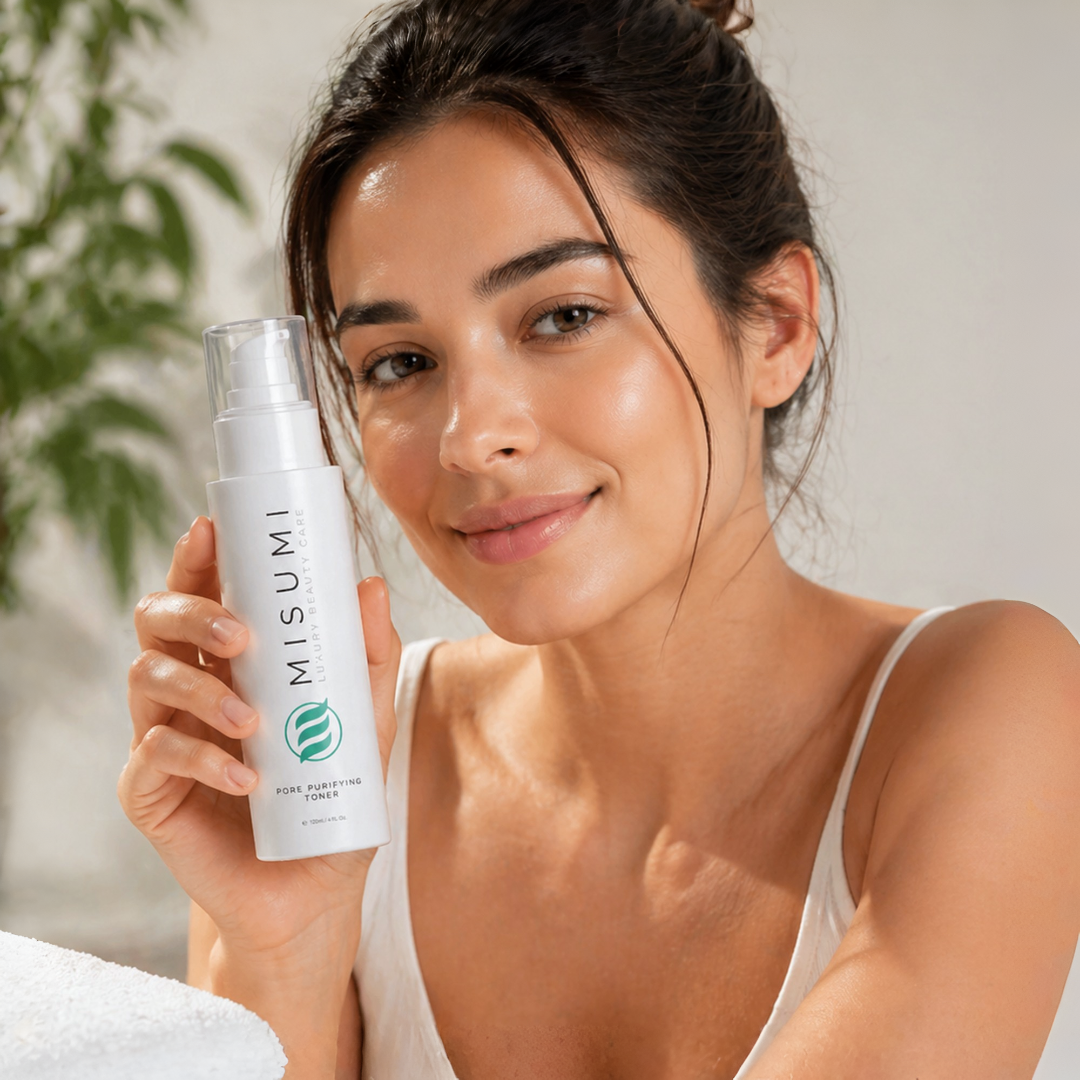MISUMI alcohol-free toner styled with fresh lavender sprigs, sage leaves, and lemon peel.