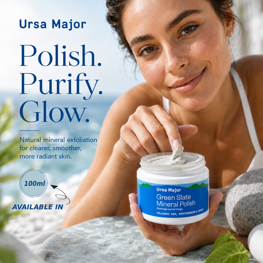 Woman holding a jar of Ursa Major Green Slate Mineral Polish with a scenic background