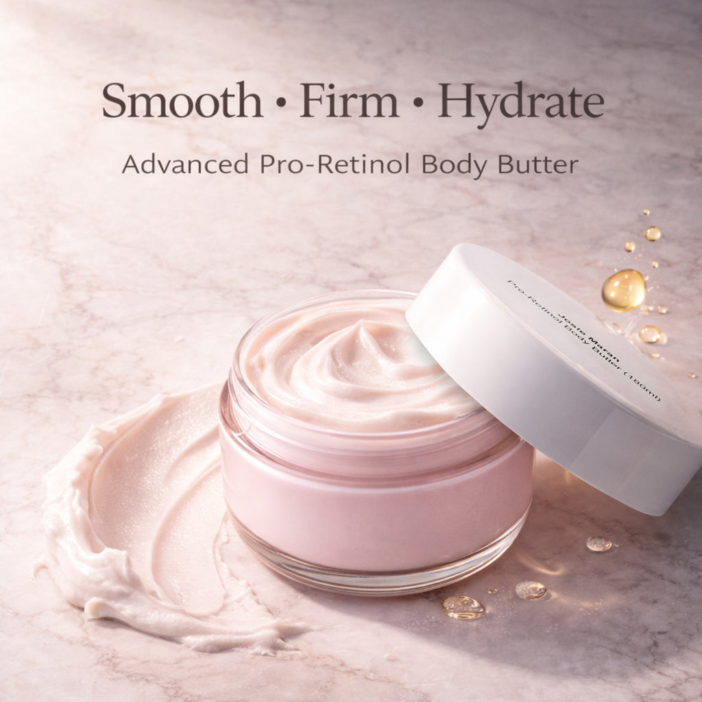 Advanced Pro-Retinol Body Butter with cream in jar and open lid on a light background