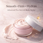 Advanced Pro-Retinol Body Butter with cream in jar and open lid on a light background