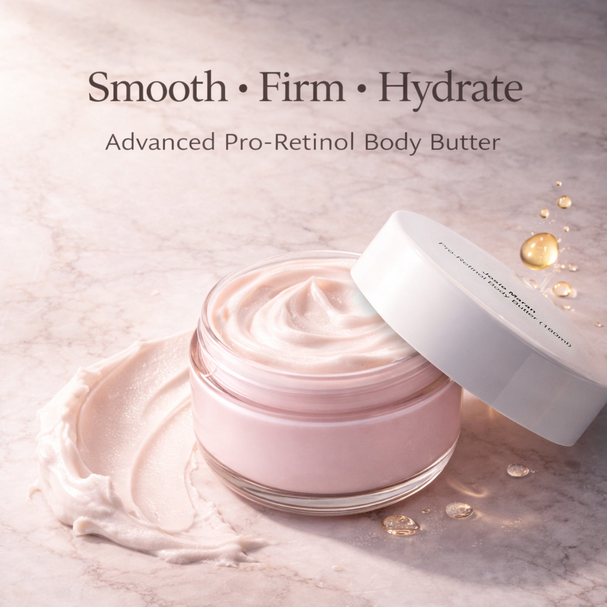 Advanced Pro-Retinol Body Butter with cream in jar and open lid on a light background