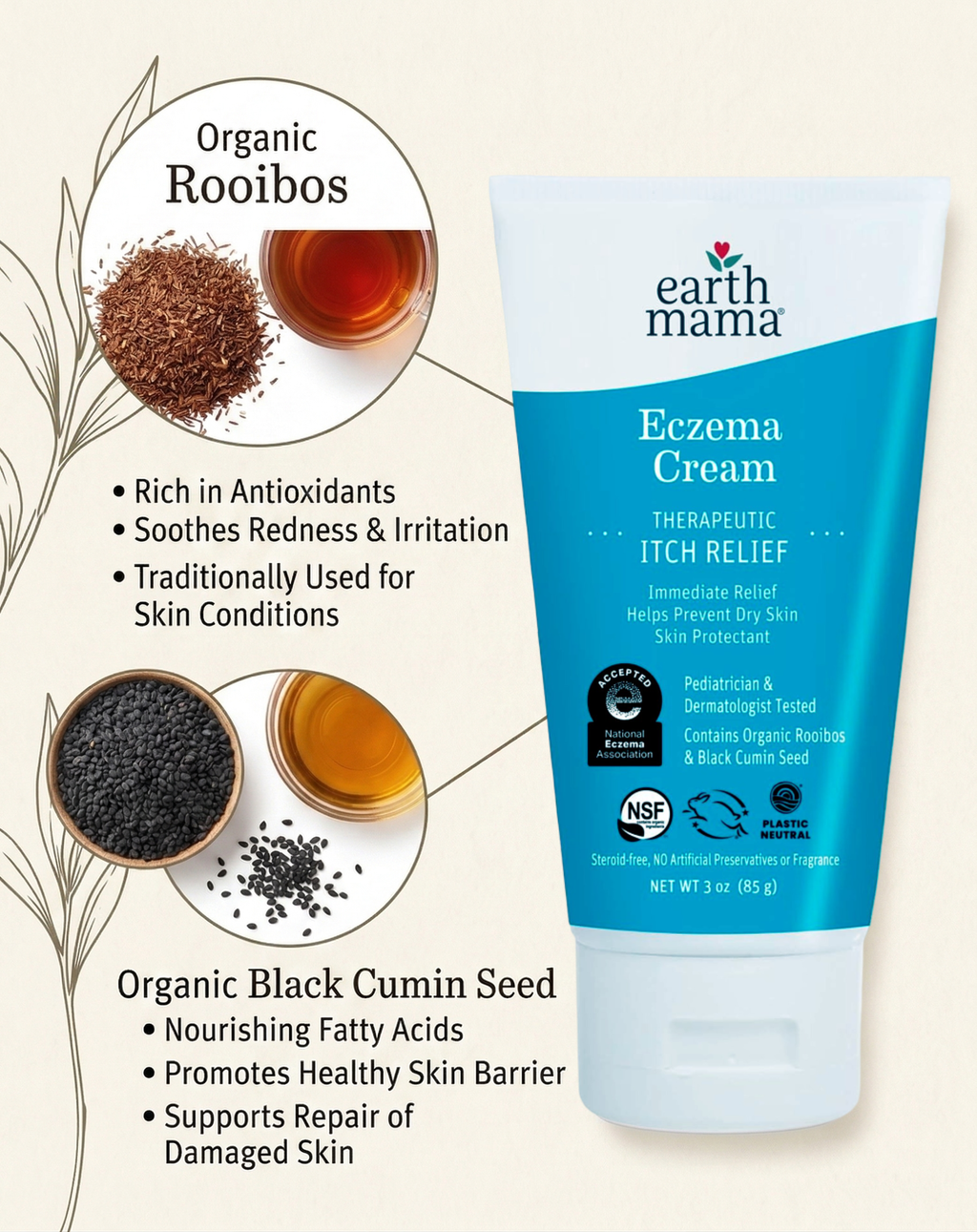 eczema cream ingredients infographic with organic rooibos and black cumin seed for skin soothing benefits
