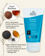 eczema cream ingredients infographic with organic rooibos and black cumin seed for skin soothing benefits