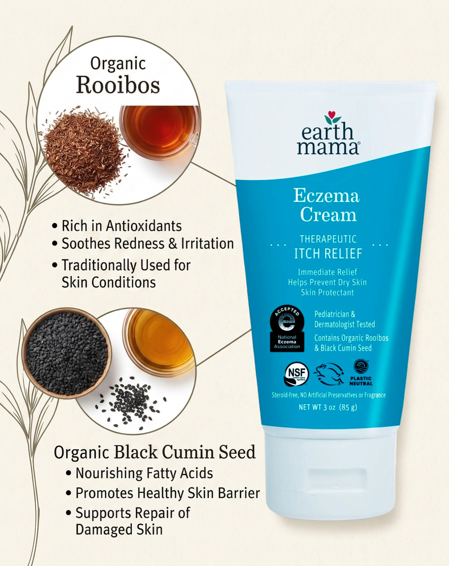 eczema cream ingredients infographic with organic rooibos and black cumin seed for skin soothing benefits