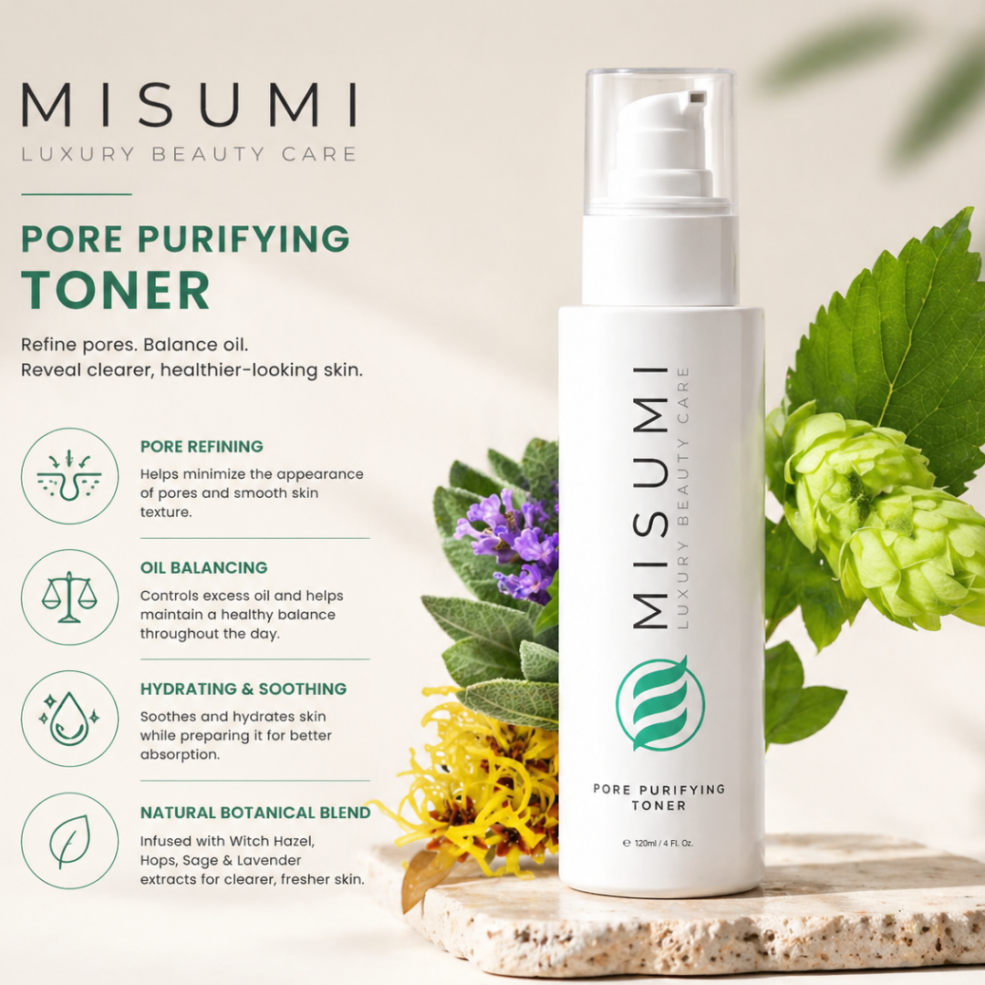 Ingredient label for MISUMI Pore Purifying Toner showing Hyaluronic Acid, Witch Hazel, and paraben-free formula.