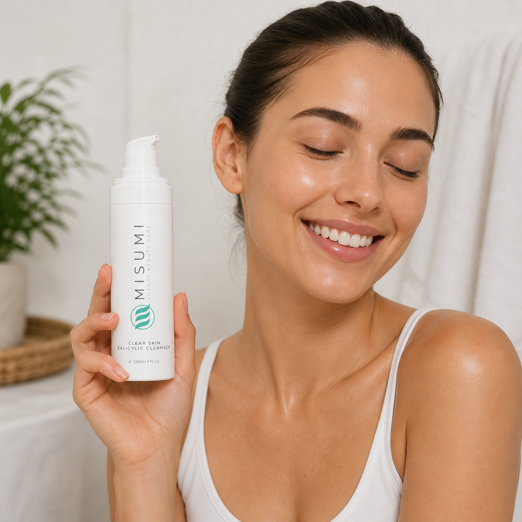 Smiling woman holding Misumi Clear Skin Salicylic Cleanser 120ml bottle, showcasing radiant, acne-free skin in a bright, natural bathroom setting