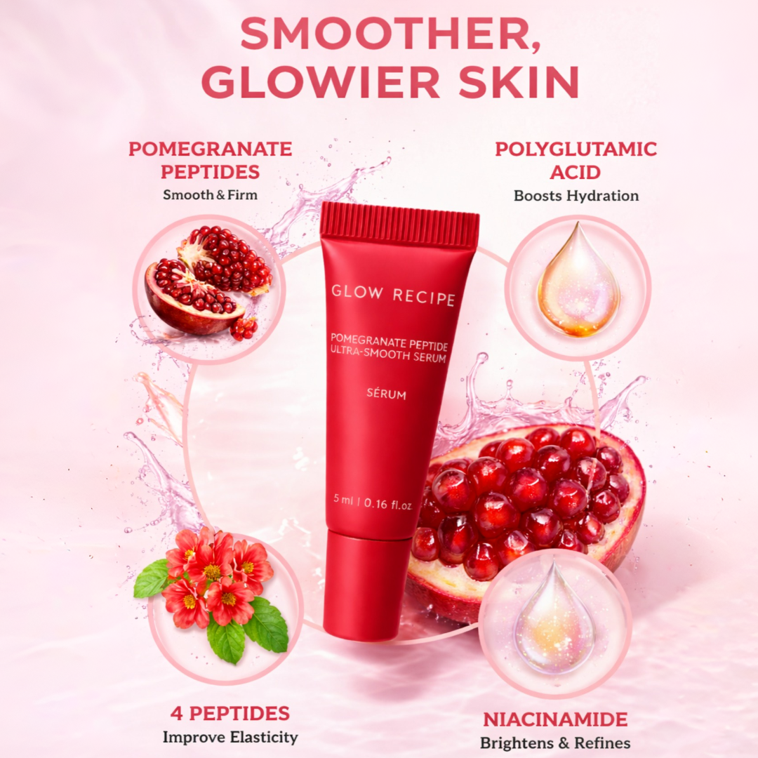Glow Recipe serum benefits infographic showing firming peptides and antioxidant pomegranate extract