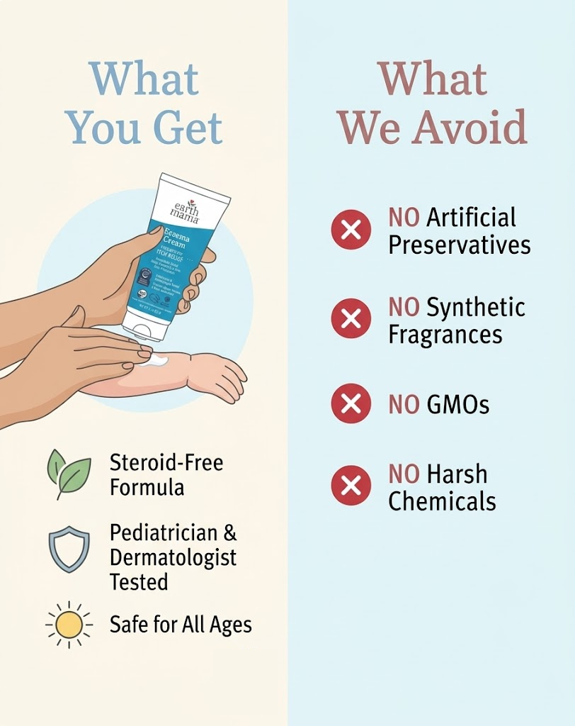 eczema cream benefits and free from list showing no artificial preservatives fragrance GMOs or harsh chemicals