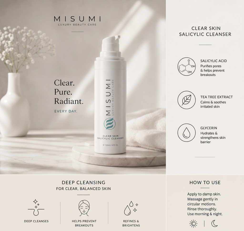 Close-up of Misumi Clear Skin Salicylic Cleanser 120ml label showing triple-acid formula and key ingredients