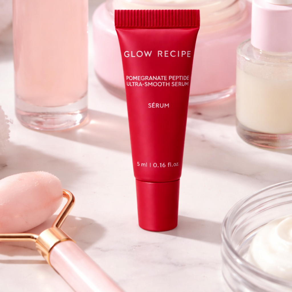 Glow Recipe mini serum 5ml on vanity with skincare tools lightweight daily hydrating serum