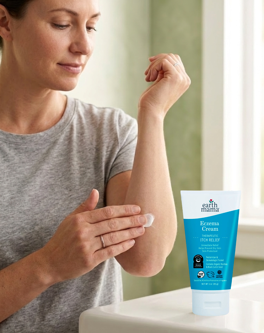 woman applying eczema cream on arm demonstrating soothing relief for dry irritated sensitive skin