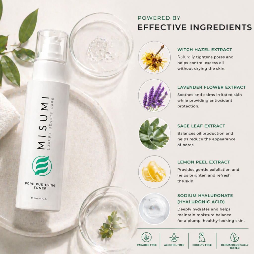 MISUMI alcohol-free toner styled with fresh lavender sprigs, sage leaves, and lemon peel.
