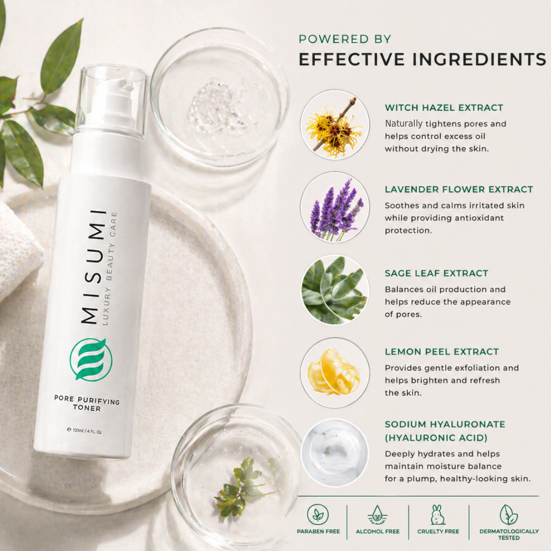MISUMI alcohol-free toner styled with fresh lavender sprigs, sage leaves, and lemon peel.