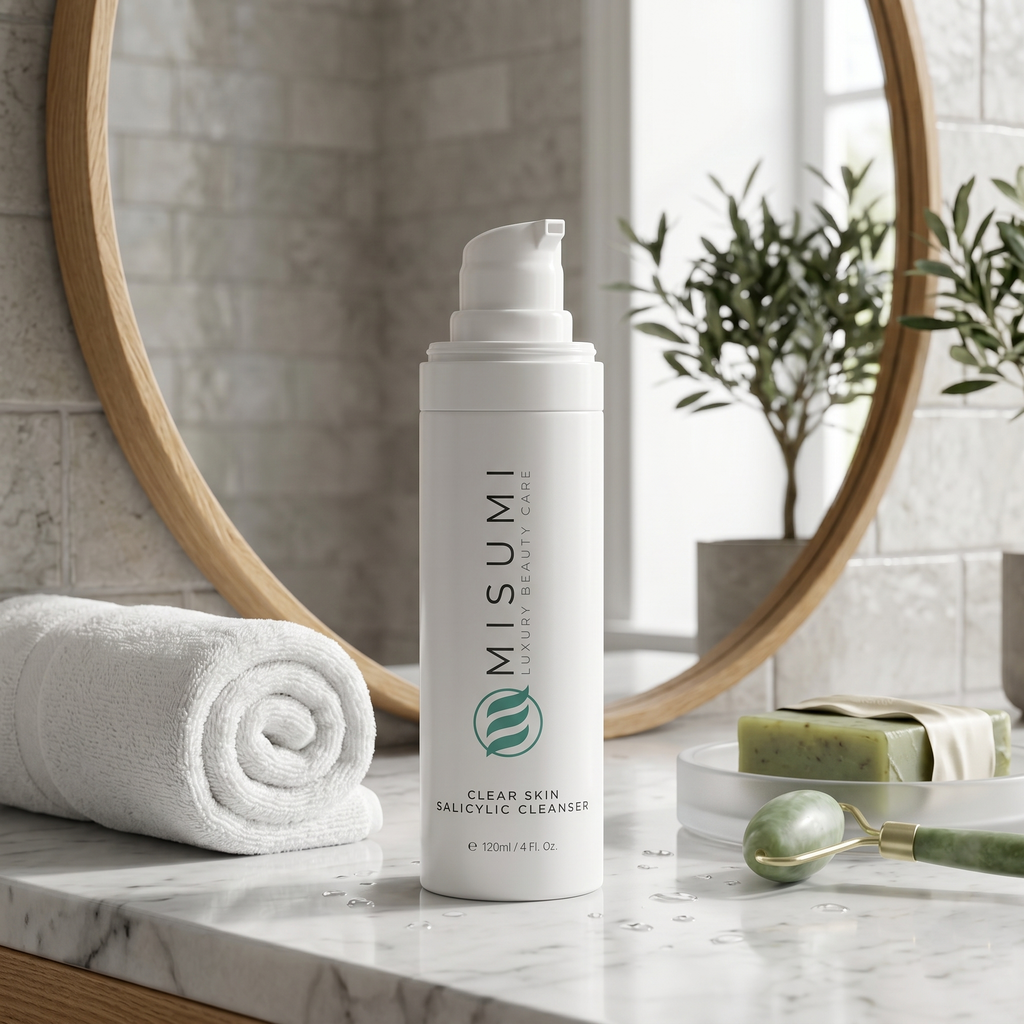 Misumi Clear Skin Salicylic Cleanser 120ml bottle on marble countertop with rolled white towel, green soap, and jade roller, highlighting skincare routine and acne-prone skin care