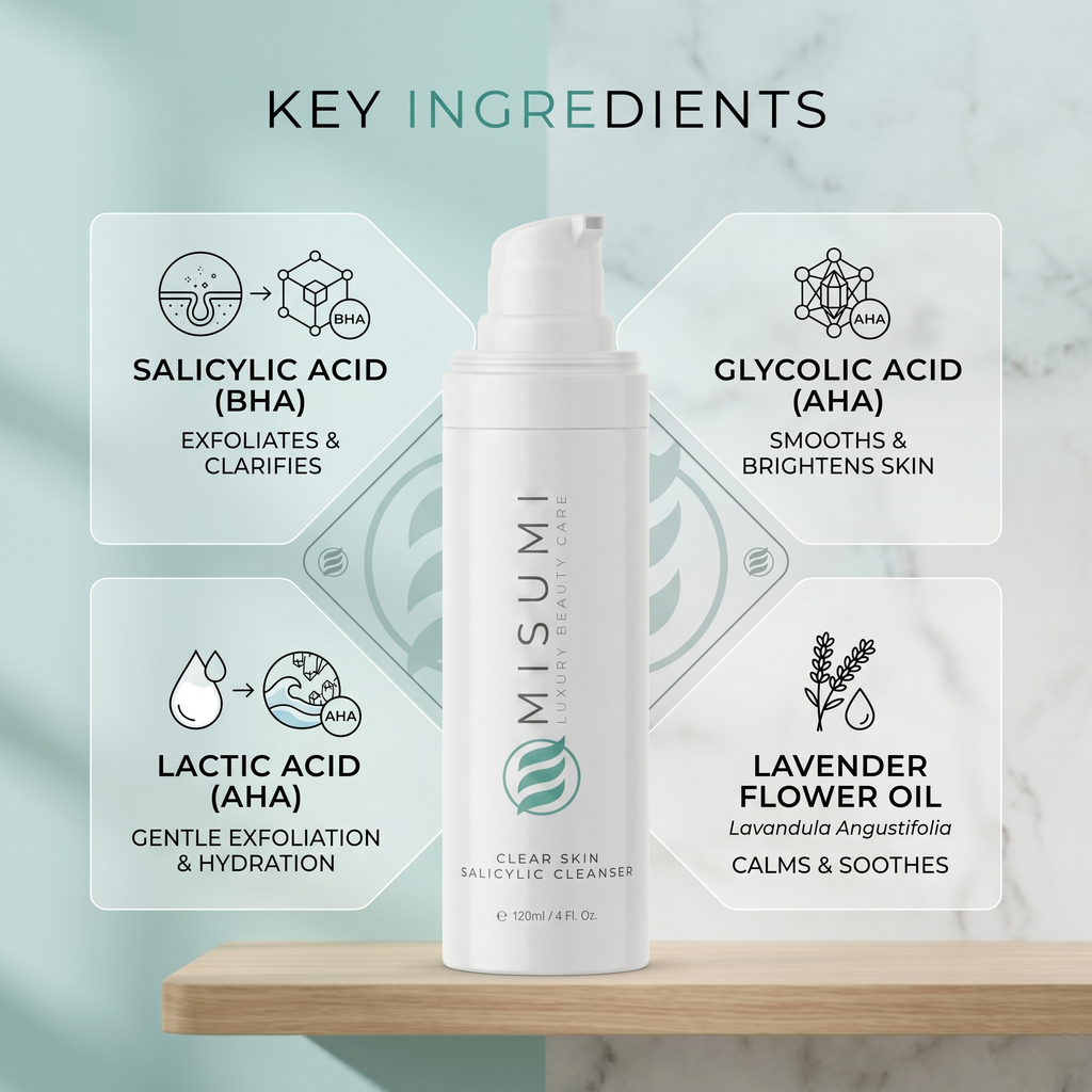 Key ingredients of Misumi Clear Skin Salicylic Cleanser including Salicylic Acid, Glycolic Acid, Lactic Acid, and Lavender Flower Oil