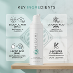 Key ingredients of Misumi Clear Skin Salicylic Cleanser including Salicylic Acid, Glycolic Acid, Lactic Acid, and Lavender Flower Oil