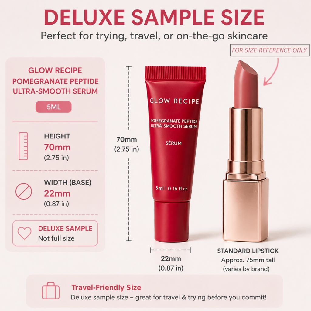 Travel-size Glow Recipe Pomegranate Peptide firming serum styled next to fresh pomegranate slices.